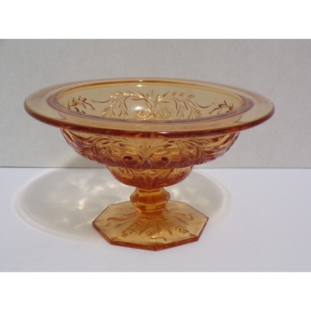 Vintage McKee Rock Crystal Amber Color‎ Depression Glass Bowl Pedestal Octogon